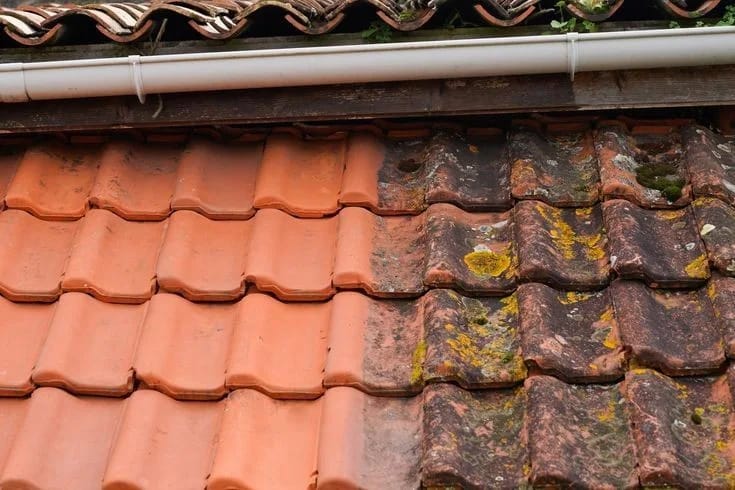 Avant après du nettoyage d'une toiture à Perpignan