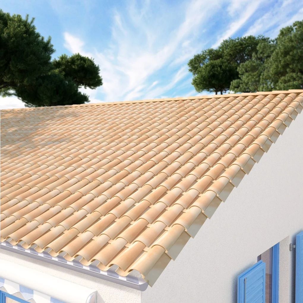 Vue de côté d'une toiture à Perpignan faite de tuiles canal